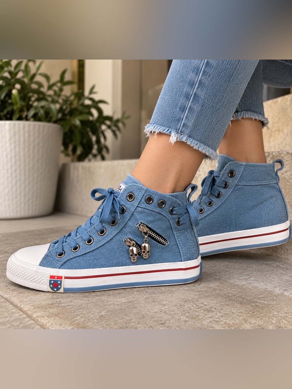 GUOAN Women’s Denim Blue High Top Sneakers Skull Zipper Lace Up Size US 7.5
